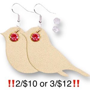 Faux Leather Gold Birds with Pink Jeweled Eyes Dangling Drop Statement Earrings